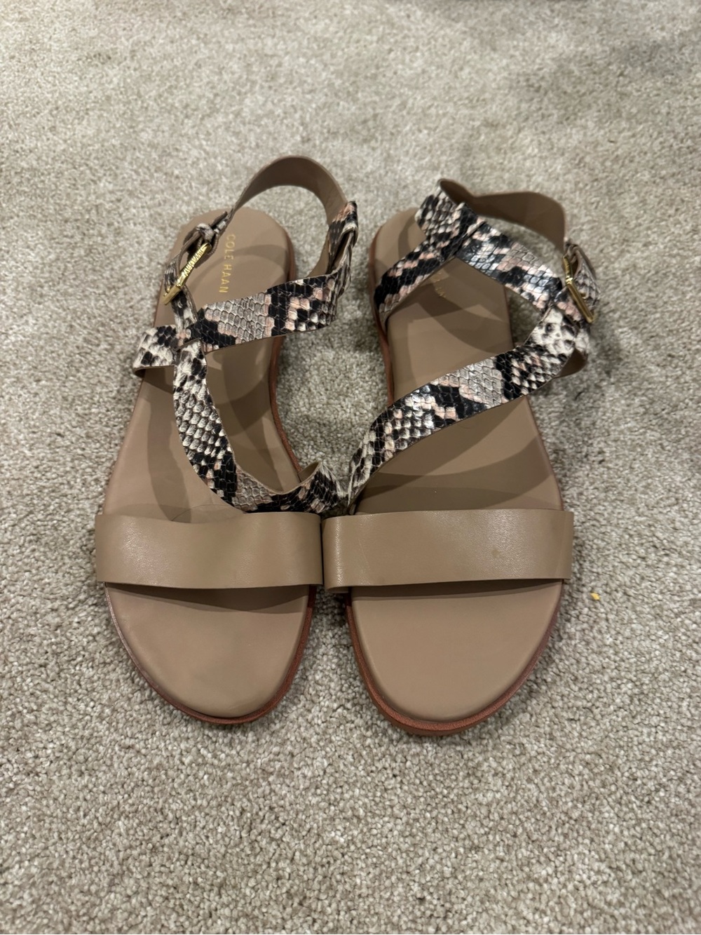 Cole Haan Strappy Taupe Sandals with Snake-Print Cross Straps